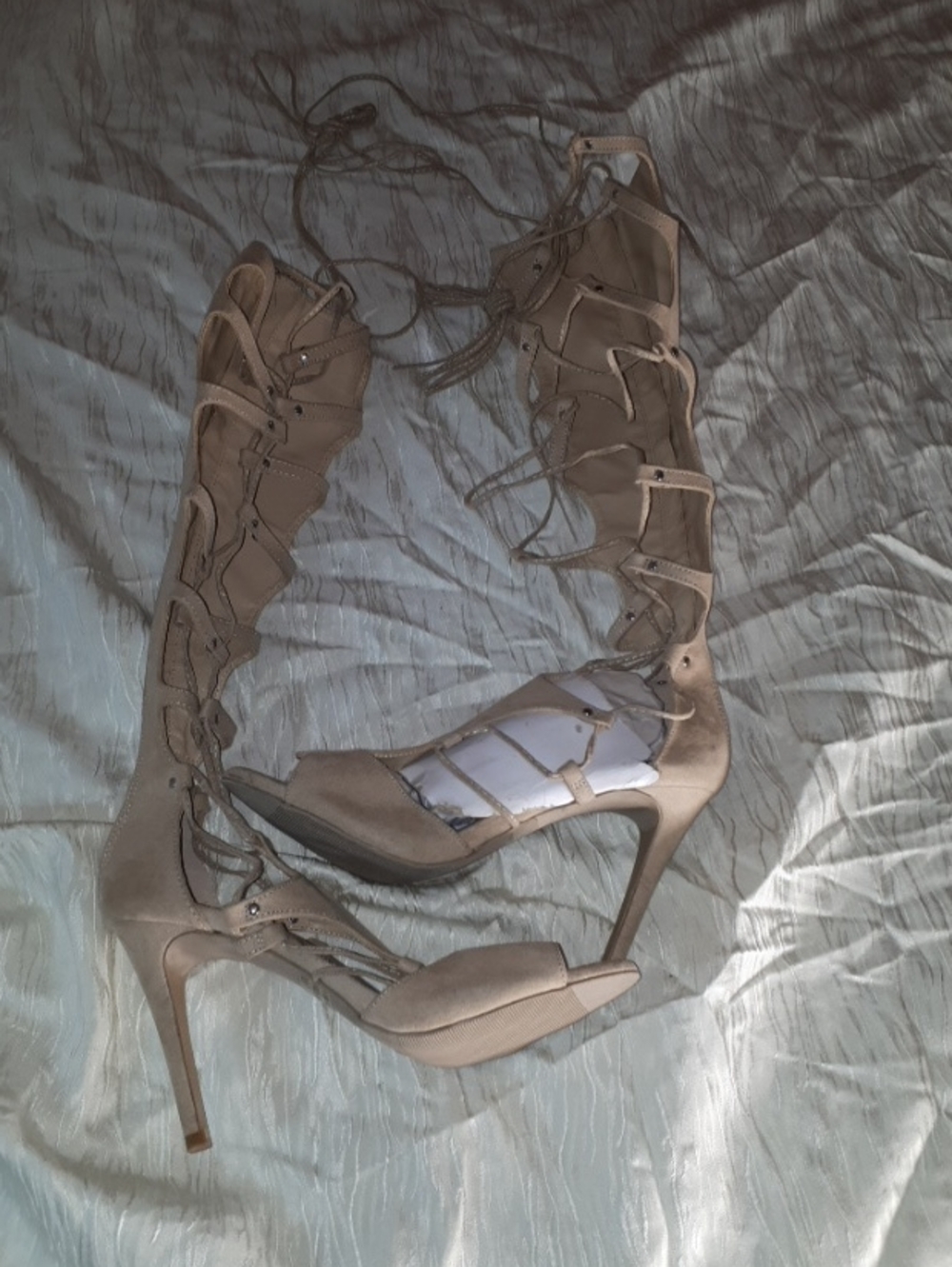 Wild Diva Taupe Lace-Up Gladiator Stiletto Heels